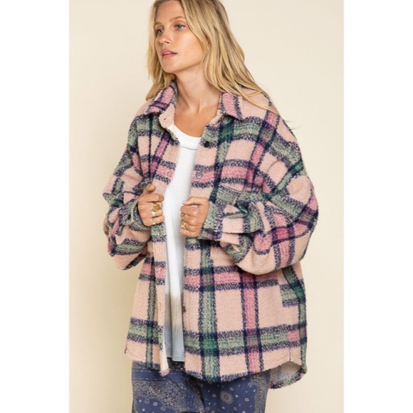 SOLD OUT Pink Plaid Distressed Boho Oversized Shacket - Picture 6 of 9